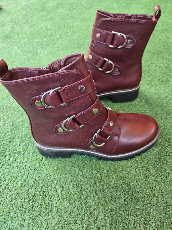 SO Shoes - SO Cichlid Moto Combat Boots featuring a deep wine red color and silver hardware